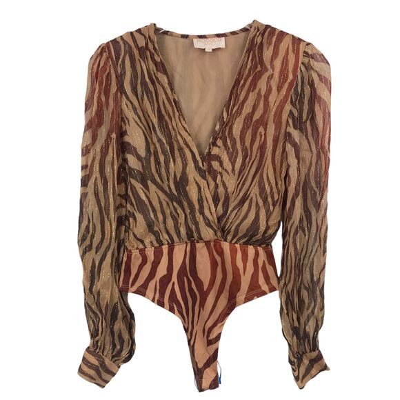 Rococo Sand Aine Bodysuit XS Surplice Metallic Zebra Animal Print Long Sleeve - Picture 1 of 7